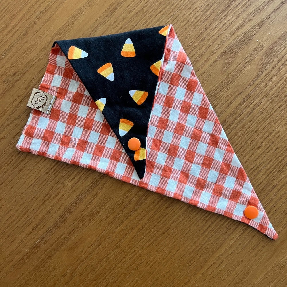Reversible Halloween dog bandana fall buffalo check candycorn small